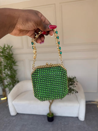 Aster Square Shaped Crystal Embellished Clutch - Green