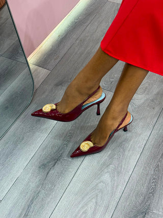 Kenna Shell Embellished Ankle Strap Heels - Wine