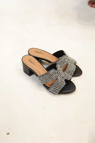 Solene Black Rhinestone Embellished Block Heel Mules