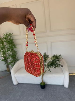 Aster Square Shaped Crystal Embellished Clutch - Red