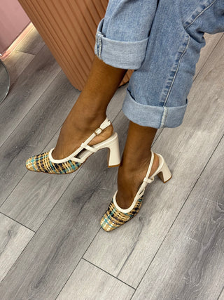 Frema Woven Sling Block Heels - Green/Beige