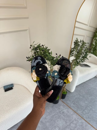 Rhea Black Slippers with Black Blossom