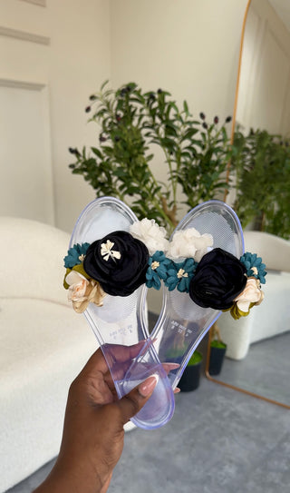 Rhea Clear Slippers with Black Blossom