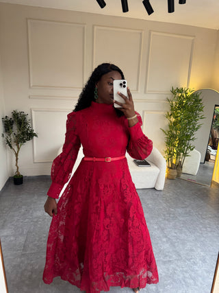 Elis Red Fleury Puff Sleeved Dress
