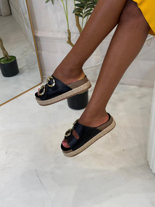 Cassie Black Double Buckle Platform Slippers