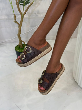 Cassie Chocolate Double Buckle Platform Slippers