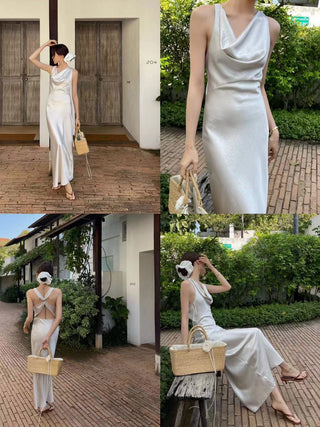 Salma Beige Halter Neck Maxi Dress