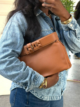 Aurelia Boss Belted Bag – Structured Leather Top Handle Handbag in Caramel