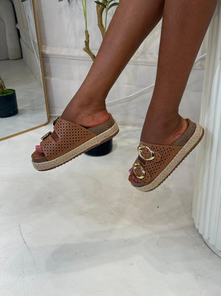 Cassie Brown Double Buckle Platform Slippers