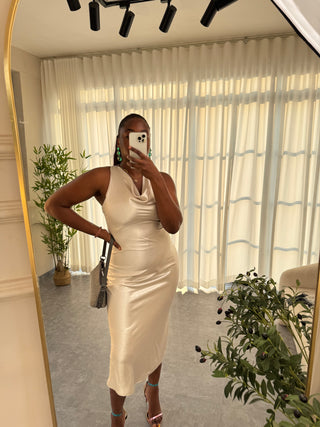 Salma Beige Halter Neck Maxi Dress