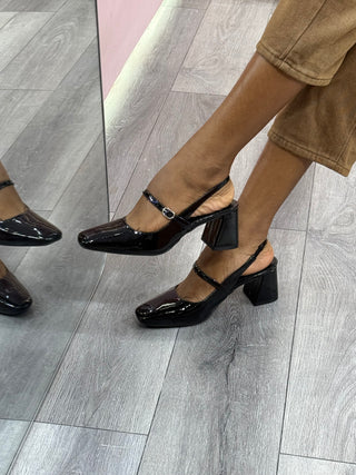 Floni Black Slingback Block Heels