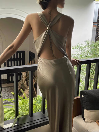Salma Beige Halter Neck Maxi Dress