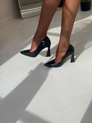 ELVIRA Black Sculpted Flared Heel Napa Imperial Pumps