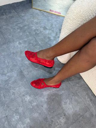 Eloise Floral-Embroidered Mesh Ballet Flats - Red