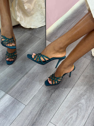 Marisol Teal Crystal Mule Heels