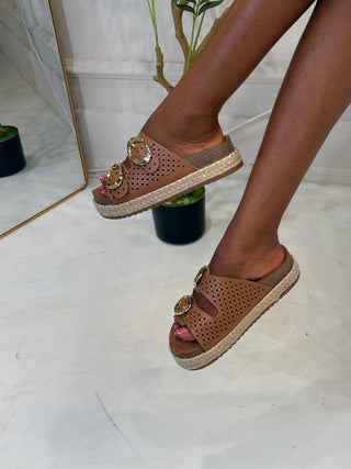 Cassie Brown Double Buckle Platform Slippers