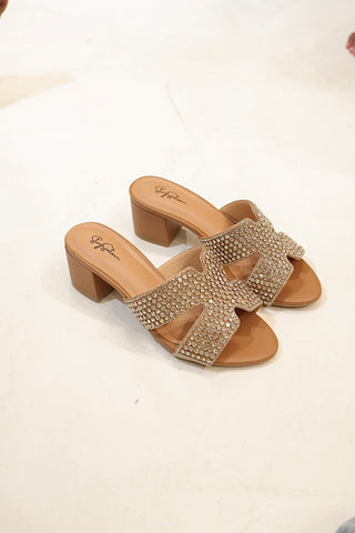 Solene Brown Rhinestone Embellished Block Heel Mules