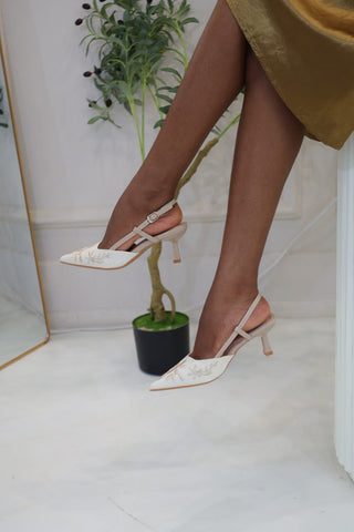 FLORENCE Cream/Beige Floral Embroidered Slingback Kitten Heels
