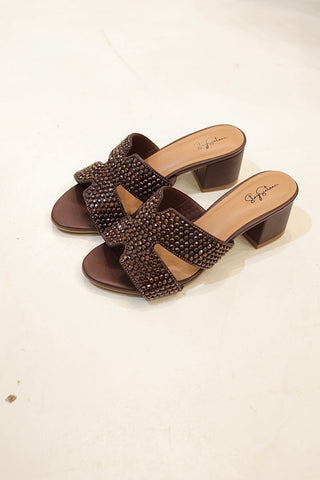 Solene Coffee Rhinestone Embellished Block Heel Mules