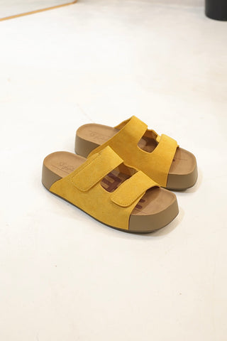 Milena Mustard Yellow Genuine Cow Leather Platform Slides