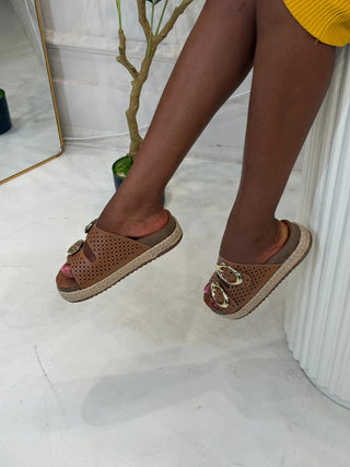 Cassie Brown Double Buckle Platform Slippers