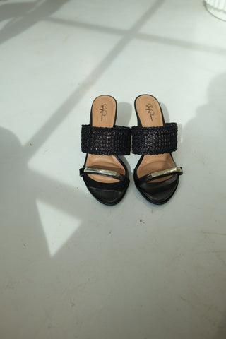Calista Black Woven Strap Block Heel Mules