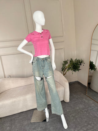 Nafisa Wide Leg Jeans With Crystal-Embellished Cutouts