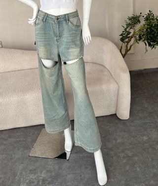 Nafisa Wide Leg Jeans With Crystal-Embellished Cutouts