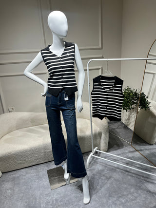 Gardenia Black Polo Vest with White Stripes