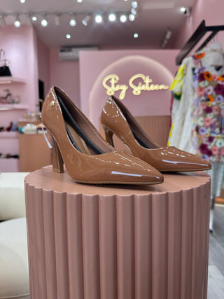Sheilah Camel Glossy Pointed-Toe Block Heels