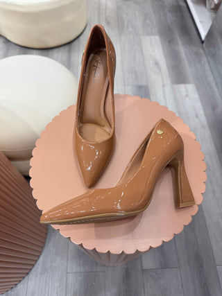 Sheilah Camel Glossy Pointed-Toe Block Heels