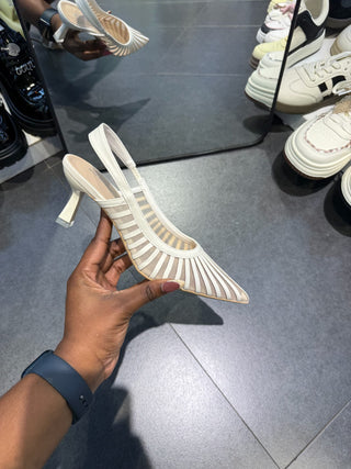 Rayen Offwhite Mesh With Stripes Sling Back Heels (PRE ORDER)