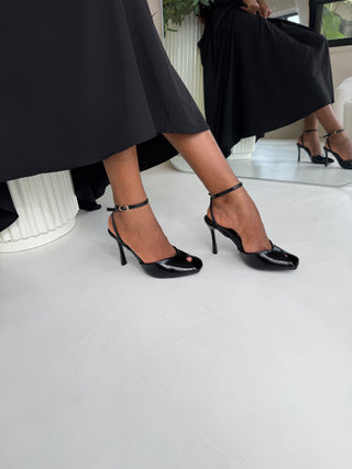 Jada Black Ankle Strap Open-Toed Heels