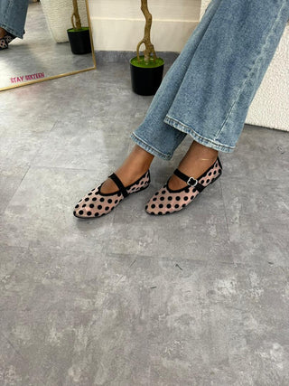 NaaDeidei Clear Sheer Mesh Flats With Black Polka Dots Detail