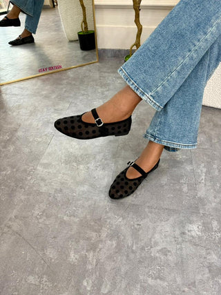 NaaDeidei All Black Sheer Mesh Flats With Black Polka Dots Detail
