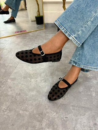 NaaDeidei All Black Sheer Mesh Flats With Black Polka Dots Detail