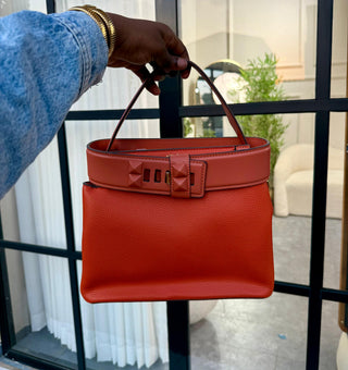Aurelia Boss Belted Bag – Structured Leather Top Handle Handbag in Burnt Orange