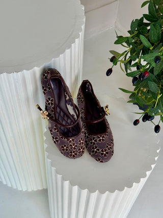 Maya Embroidered Mesh Flats - Coffee