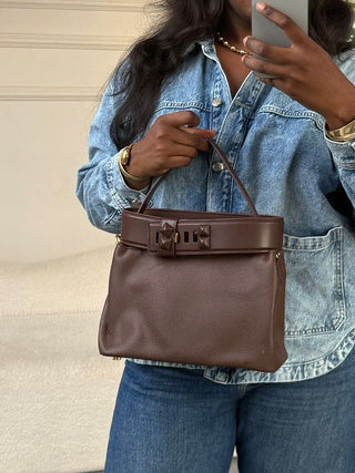 Aurelia Boss Belted Bag – Structured Leather Top Handle Handbag in Chocolate Brown