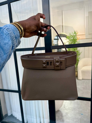 Aurelia Boss Belted Bag – Structured Leather Top Handle Handbag in Tan Colour