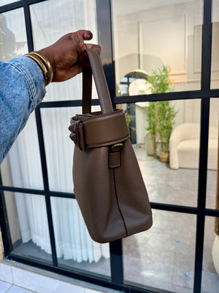 Aurelia Boss Belted Bag – Structured Leather Top Handle Handbag in Tan Colour