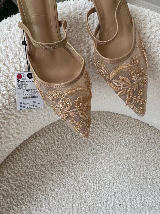 Raven Nude Embroidered Mesh Sling Back Heels