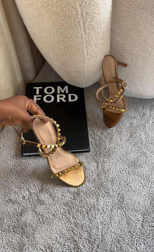 Naomi bronze midlength ankle strap heels