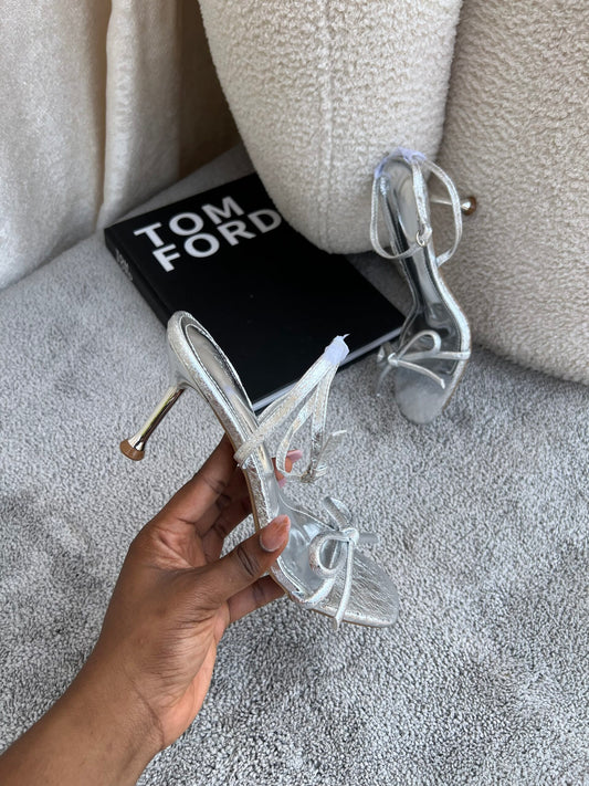 Marina Silver tie ankle strap midlength heels