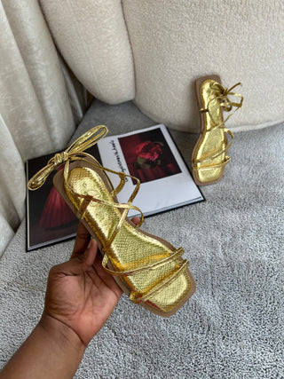 Kelly gold metallic tie up sandals
